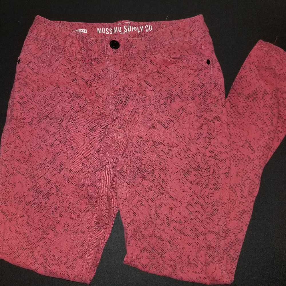 Red skinny jeans - flower pixel snakeskin pattern